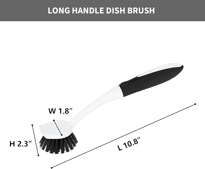 Dish Brush with Handle, 2 Pack Scrub Brushes with Built-in Scraper for Cleaning Kitchen, Pots, Pans and Sink, Scrubber Washing Tools, Black