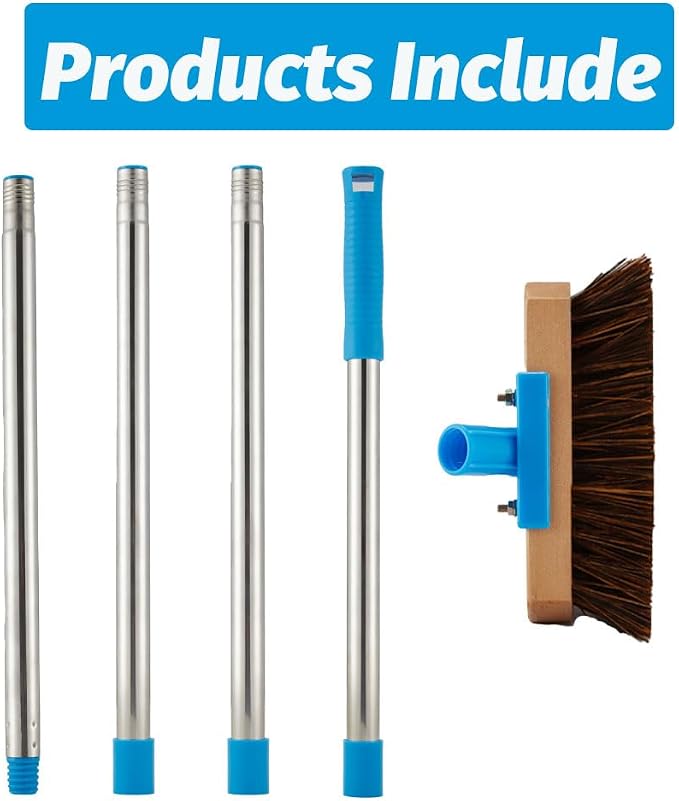 YONILL Floor Scrub Brush with Long Handle for Deck, Patio,Garden, Sidewalk | 60" Adjustable Stainless Steel Handle, Deck Brush with Stiff Natural Palmyra Bristles, Cleaning Rough Surface, Concrete Floor