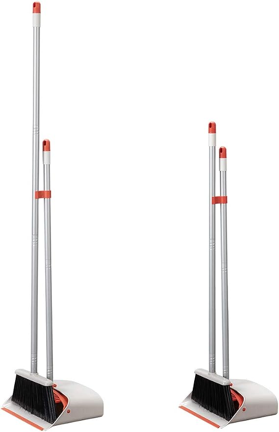 Long Handled Dustpan and Brush, Broom and Dustpan Set, Household Dust pan Combo with 54 Inch Handle for Indoor Outdoor Household Cleaning and Sweeping (Red and White)
