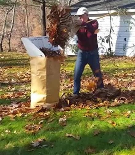 Leaf Chute Funnel and Paper Lawn Bag Holder. Rake in like a giant wide mouth dustpan. USA made. Durable water-safe Leaf2Bag