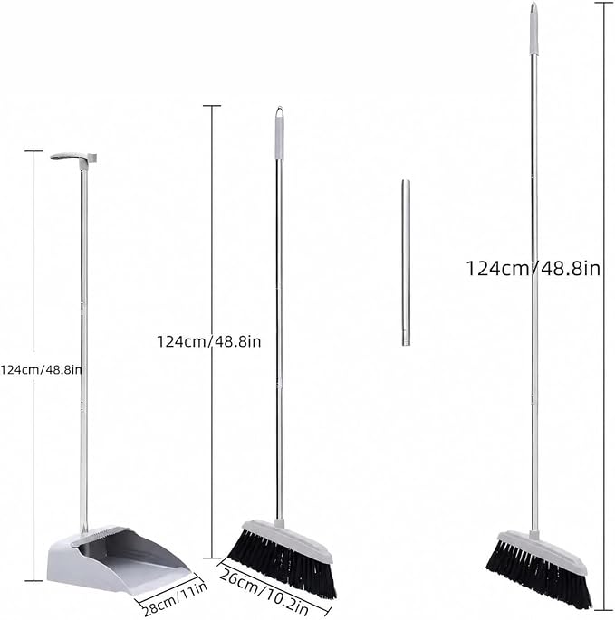 2-in-1 Upright Broom and Dustpan Combo with Long Handle | Comb Teeth Dustpan, Garbage Bag Holder, Indoor & Outdoor Use, Kitchen & Patio, Floor Sweeping Set