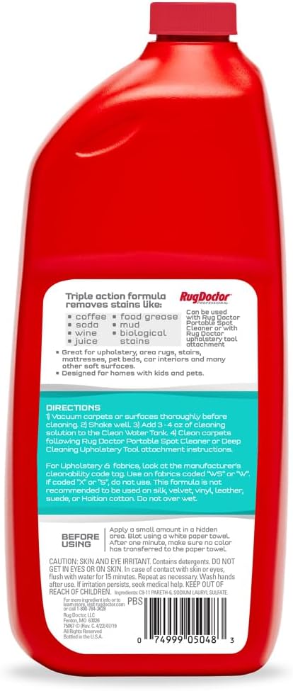 Rug Doctor Spot + Upholstery Triple Action Cleaner 32 oz | Oxy Powered Spot Cleaning Formula, Deep Cleans, Protects,and Deodorizes Soft Surfaces and Upholstery