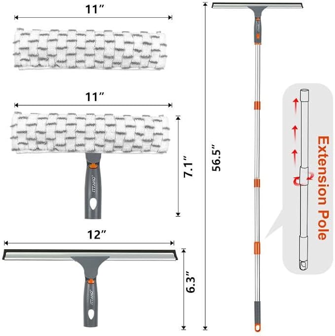 Squeegee for Window Cleaning,12" Squeegee and 11" Microfiber Scrubber Combi with Stainless Steel Pole,Extendable Window Cleaner for Car,Sliding Door,Shower Glass Door-Swivel Style-2 Pads