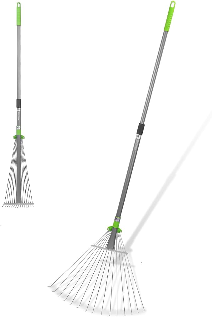 WORKPRO Adjustable Garden Leaf Rake, Heavy Duty Metal Lawn Rake with Extendable Handle 32"–63", Collapsible Rake Head 7.5"–20", Telescopic Yard Rake for Leaves, Grass, Pine Needles & Garden Cleanup