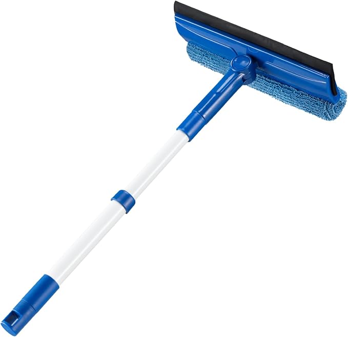 2 in 1 Squeegee Window & Microfiber Cloth Head with 14-18" Long Handle,Sponge Car Window Squeegee for Gas Station, Glass,Shower,Outdoor High Window Cleaning