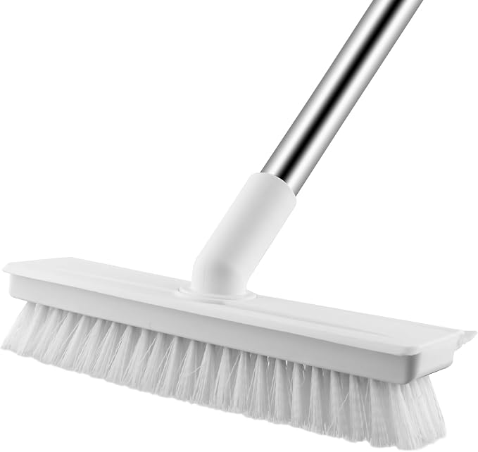 2 in 1 Floor Scrub Brush with Long Handle, White | Scrape Brush Stiff Bristle Floor Scrubber for Cleaning Shower Bathroom Garage Kitchen Wall Deck Tub Tile