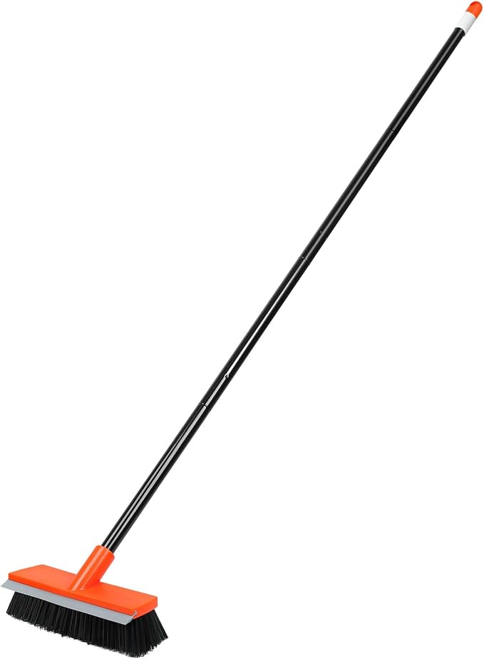 Deck Brush with Long Handle, Stiff Bristle Floor Scrub Broom, 55'' Outdoor Scrubber Remove Dirt, Leaves, Snow on Carpet, Patios, Garage, Concrete
