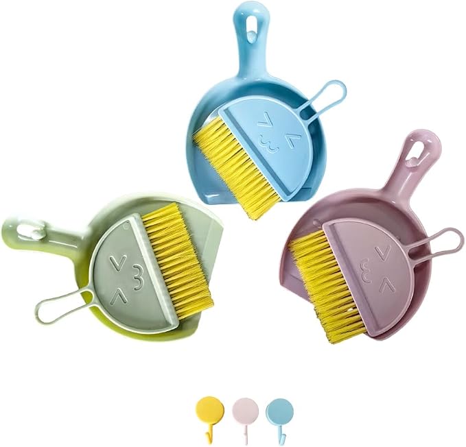 3 Pcs Mini Broom and Dustpan Set,Small Hand Broom and Dustpan Cleaning Cloths Set for Home Car Kitchen Table Kids Dustpan Brush Set for Sweeping Up Kitty Litter Pet Hair, with Hanging Hook