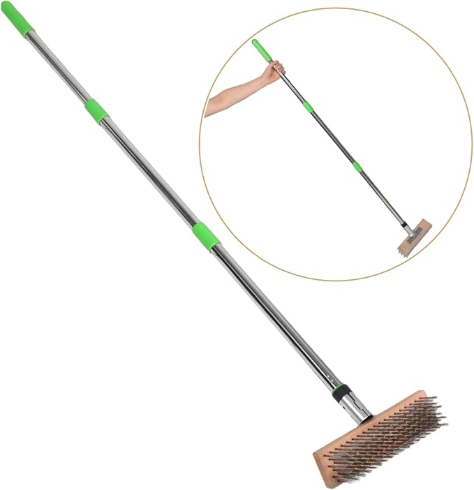Long Handle Scrub Brush Stiff Bristle Stainless Steel Brush for Outdoor Cleaning for Concrete Pool Surfaces Removes Moss Tough Stains