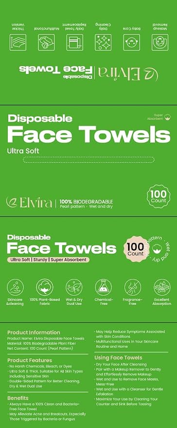 Elvira 100 Count Disposable Face Towels, Biodegradable Skincare Facial Cleansing Towels, Ultra Soft & Thick Makeup Remover Dry Wipes, Lint-Free & Vegan for Sensitive Skin, Travel Essential