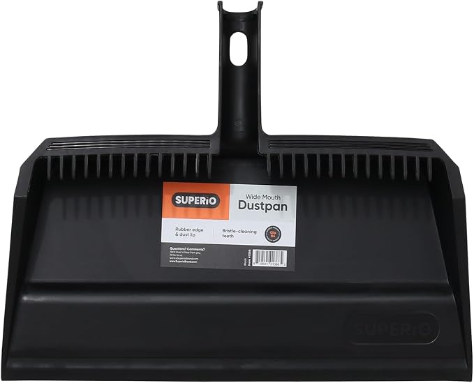 Superio Wide Plastic Dustpan with Comb - 16" Wide, Rubber Lip, Broom Handle Clip, Black