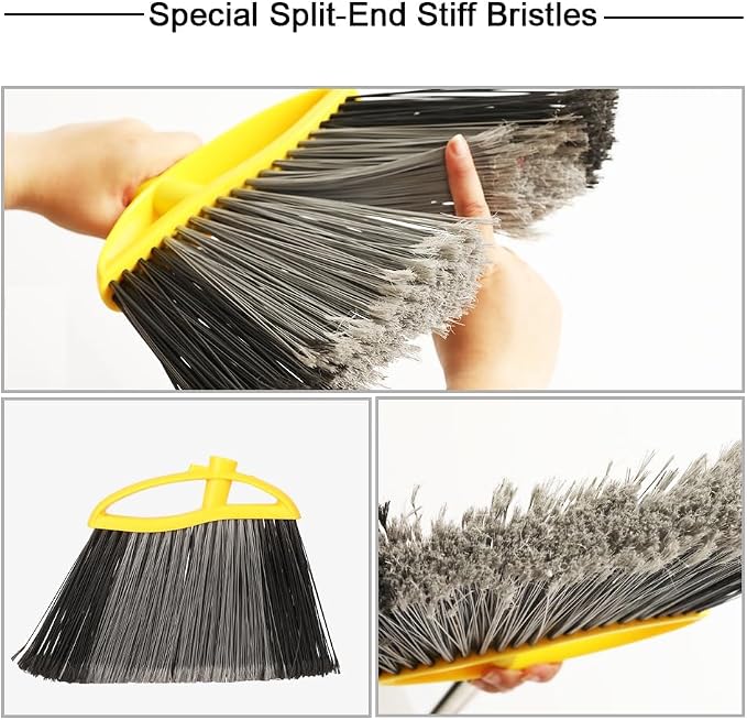 Broom and Dustpan Set, Outdoor Heavy Duty Broom with Stainless Steel Dustpan,Stiff Bristles Broom and Metal Dust Pan for Home