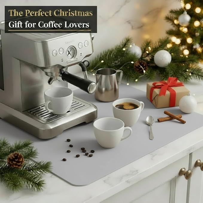 Dish Drying Mat Super Absorbent – 17" x 31" Coffee Mat for Countertops – Non-Slip Drying Mat for Kitchen Counter – Easy to Clean Water Absorbent Mat – XLarge Dish Drying Mats (Lite Gray)