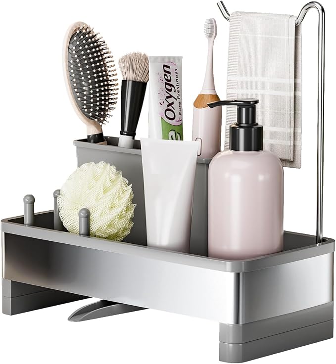 Ewaiira Sponge Holder for Kitchen Sink, Stainless Steel Sink Caddy with Brush Holder & Dishcloth Rack, Countertop Sink Organizer, Soap Dispenser Kitchen Organizers Storage Essentials (F-Gray 9.8″)