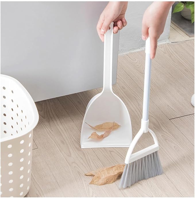 Mini Broom with Dustpan for Kids,Little Housekeeping Helper Set (White+Grey)