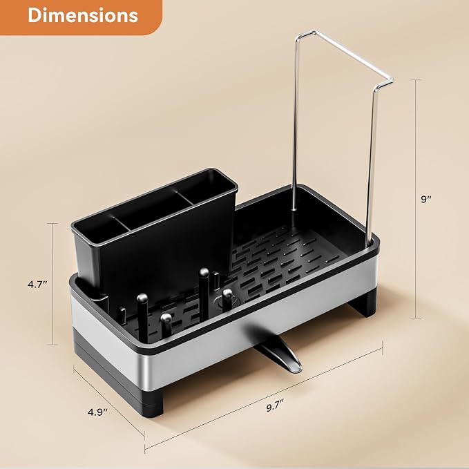 Laveshop Sponge Holder for Kitchen Sink, Rustproof Stainless Steel Sink Caddy with Auto-Drain, Removable Brush Holders, Soap and Dishcloth Organizer, Black