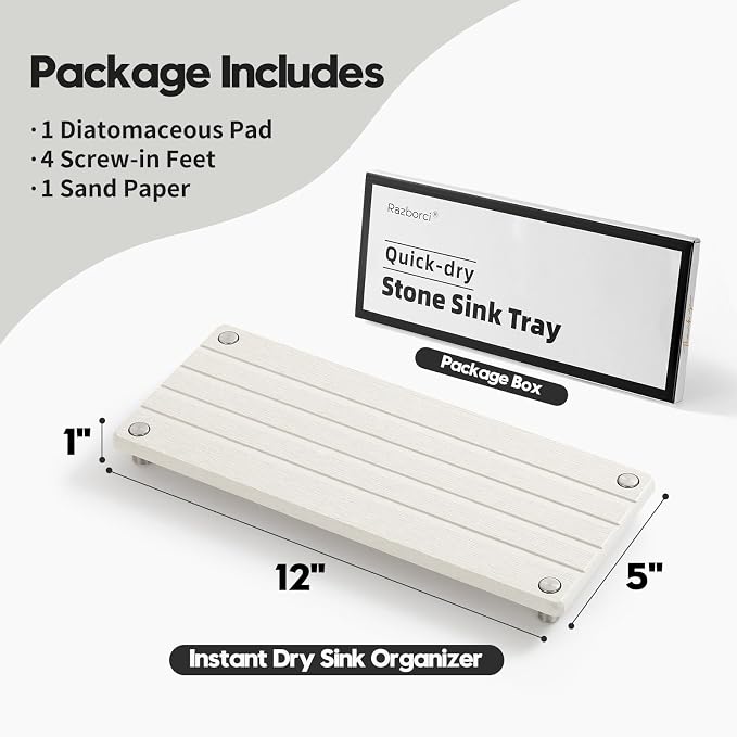 Razborci Instant Dry Sink Caddy Kitchen Sink Organizer, Quick Drying Stone Tray Diatomite Sponge Holder Soap Dish, Bathroom Countertop Fast Dry Water Absorbing Vanity Rack, Beige,12" x 5"
