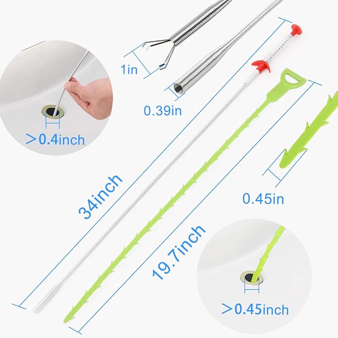 Snake Drain Hair Clog Remover Tool,34 Inch Stainless Steel Claw and 3 Pack 19. 7 Inch Plastic Sink Unclogger Tool, Sink Drain Cleaner for Kitchen, Tub Toilet (3+1)