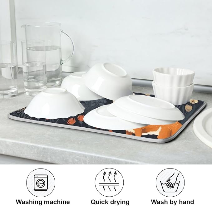 Dish Drying Mat Kitchen Counter Absorbent Two Foxes Coffee Sink Mat Dish Drainer Pad 18 Inch x 16 Inch