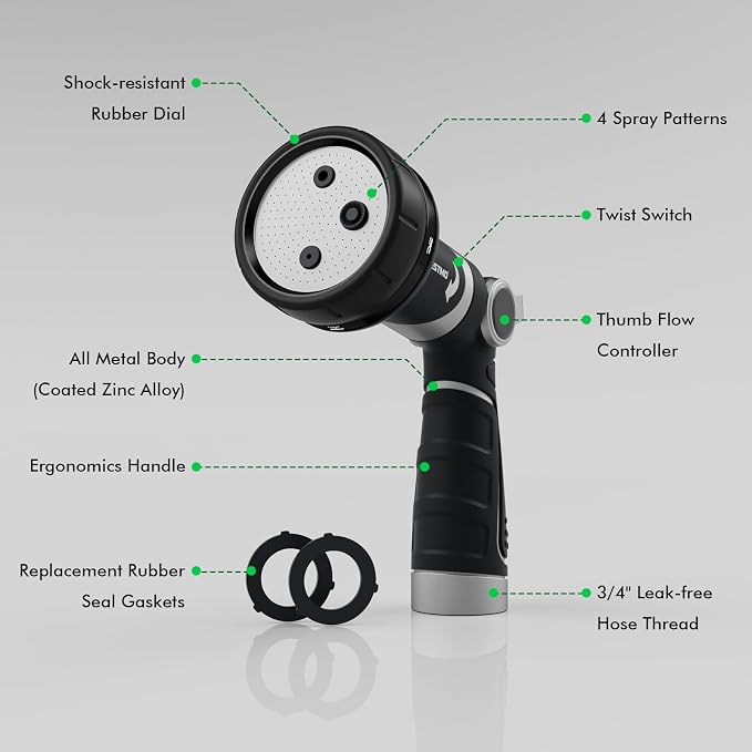 RESTMO Heavy Duty Garden Hose Nozzle, Multi-Angle Hose Spray Nozzle | 4 Adjustable Spray Patterns, Garden Hose Sprayer with Twist Switch, Thumb Flow Control, Ideal for Outdoor Lawn & Yard, Black