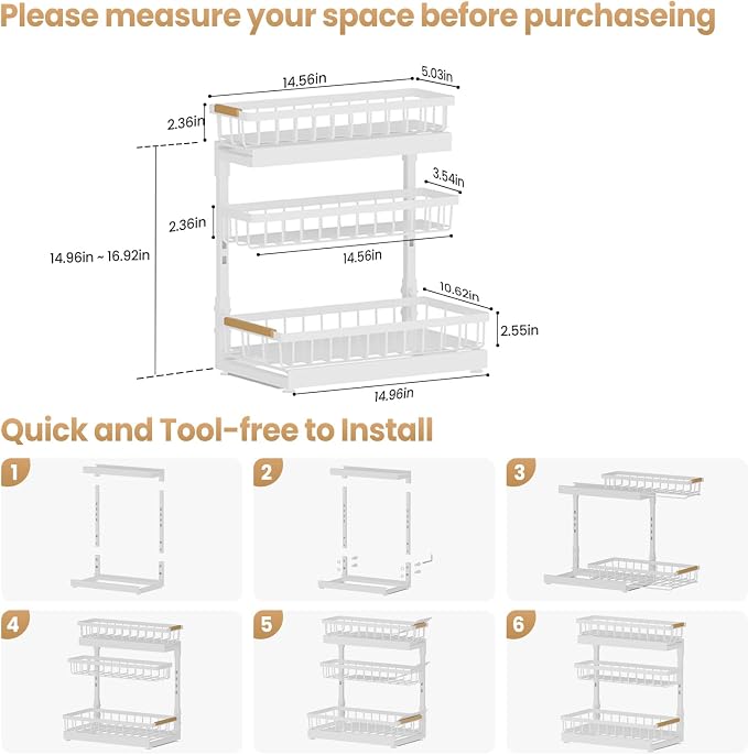 Under Sink Organizer and Storage for Bathroom and Kitchen - 2 Pack 3 Tier Under Cabinet Pull Out Shelf Organizers - Slide Out Drawer Organization for Home Cabinets Shelves and Drawers