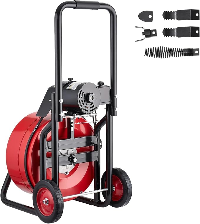 VEVOR Drain Cleaner Machine 100 FT x 3/4 Inch, Auto Feed Sewer Snake Auger on Wheels, Portable Drain Cleaning Machine with 4 Cutters & Air-activated Foot Switch for 4" to 8" Pipes