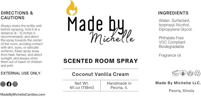 Scented Room Spray (Coconut Vanilla Cream) - Air Freshener - Linen Spray - Fabric Refresher - Odor Eliminator - Non-Toxic Scent - Alcohol Free - Made in USA (4 Oz)