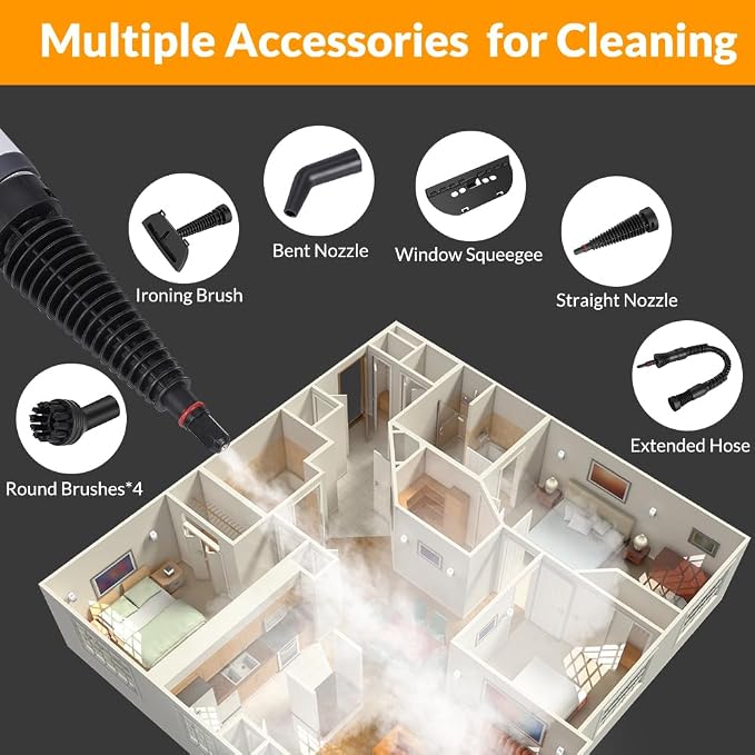 Handheld Steam Cleaner, Pressurized Hot Steam with 12 Accessories for Home | High Temperature Steam Removes Grease, Dirt and Stains from Kitchens, Bathrooms, Cars, Furniture, Tile and Grout.