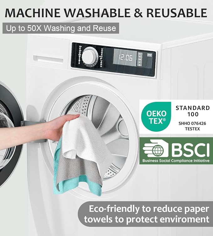 UPSTAR Microfiber Cleaning Cloth, Reusable Paper Towels Rolls, 50 Packs 12x12 inch Cleaning Rags for Washing Dishes, Kitchen, Bathroom, Car, White