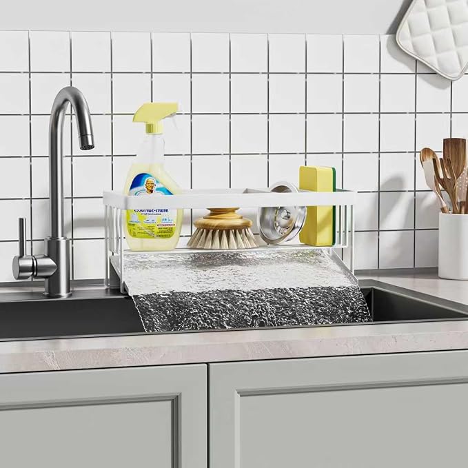 Kitchen Sink Caddy Organzier with Sponge Holder and Removable Drip Tray for Kitchen Sink, 304 Stainless Steel Organize for Sponge Soap Dish Brush Storage Accessories(White)