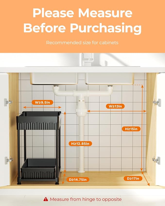 Sevenblue 3-Pack 2-Tier Under Sink Organizers with Sliding Drawers | Multi-use kitchen & bathroom storage, 12.8 inch black cabinet organizer, space-saving sliding drawer design.