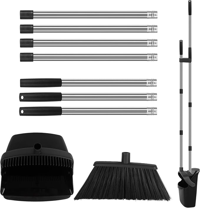 Upgraded Broom and Dustpan Set, 55" Long Handle Black Large Broom with Dustpan Combo Set,Self Cleaning Dustpan for Lobby Kitchen Office Restaurant