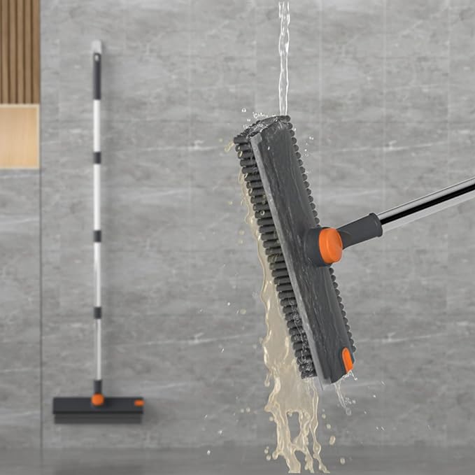 Floor Scrub Brush with Long Handle Length Adjustable, 3 in 1 Heavy-Duty Stiff 90° Bristle Floor Scrubber Broom with Squeegee, Cleaning Brush for Bathroom, Garage, Kitchen, Tile, Deck & Patio (Gray)