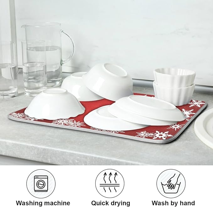 Super Absorbent Dish Drying Mat, Microfiber Fast-Drying Dish Mat, 16" x 18", Kitchen Dish Drying Pad, Watercolor Cute (Christmas Snowflake Abstract)
