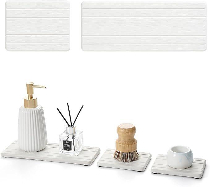 3 Pack Stone Drying Tray, Water Absorbing Stone Sink Mat for Kitchen & Bathroom Counter, Diatomite Soap Dish Vanity Caddy, Sponge Holder Organizer, White - 2pcs of 4.5"x 3.5" and 1pc of 9"x 3.5"
