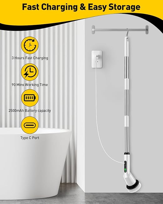 Shower Scrubber with Long Handle, Shower Cleaner Brush with 8 Floor Machine Pads, Cordless Electric Spin Scrubber for Cleaning with 2 Speed, Cleaning Supplies for Bathroom Bathtub Kitchen Floor Tile