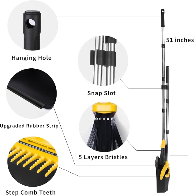 Broom and Dustpan Set for Home, 51" Long Handle Standing Pan Black Yellow | Self-Cleaning Dust Pan and Brooms, ZeroGap Lip, Upright Storage Broom Combo for Kitchen Lobby Office Restaurant Indoor