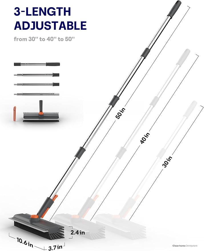 Floor Scrub Brush with Long Handle & Squeegee, 3 in 1 Floor Scrubber | Stiff Dual-side Bristle, 360° Swivel Head with Tweezer, for Cleaning Tile Wall Deck Bathroom Patio Garage Pool Kitchen (Gray)