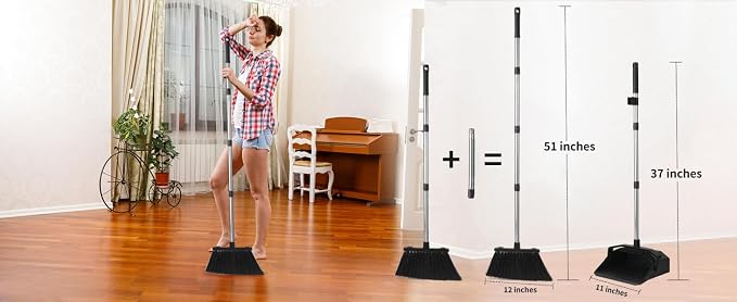 Tiumso 3-Pack Broom with Dustpan Combo Set, Commercial Broom and Dustpan Set, Dust Pan with Long Handle, 51'' Large Brooms with Self-Cleaning Dust Pan Teeth for Restaurant Lobby Garage - Black
