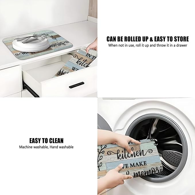 Dish Drying Mat 2-Pack in Kitchen Rules for Kitchen Counter Dishes Mat | Diatom Mud Mats (18x24, 19.5x12"). Non-slip rubber back for kitchen counter, coffee bar & sink scenes