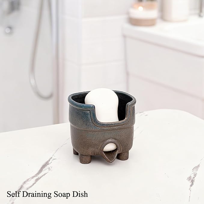 Ceramic Sponge Holder with Drainage, Farmhouse Sink Caddy Organizer, Self Draining Design for Sponges, Soap, Brushes, Compact Rustic Kitchen Accessory, Keeps Counter Dry, Country Blue