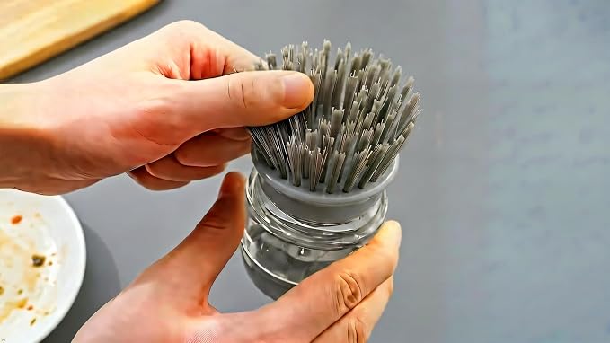 Soap Dispensing Dish Brush with Holder – Leakproof Kitchen Scrubber Brush with Soap Dispenser, Palm Grip Dish Cleaning Brush for Pots, Pans, Sink & Dishes – Gray