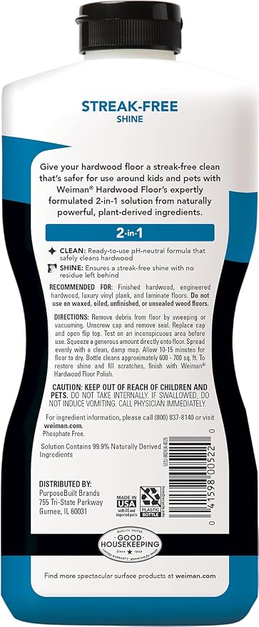 Weiman Hardwood Floor Cleaner for Finished Hardwood, Engineered Flooring, Vinyl & Laminate Surfaces - Streak-Free Shine, No Residue - 32 oz (2 PACK)