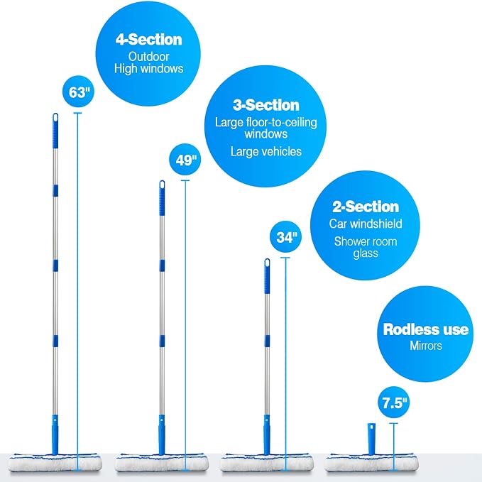 ARTIPOLY Squeegee for Window Cleaning, 14" Extra-Large Squeegee & Microfiber Scrubber Combi with 60" Stainless Steel Pole, Window Cleaning Kit for Shower Glass Mirror Door Car-2 Pads