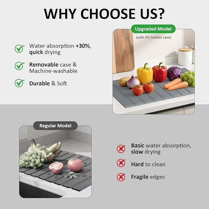 Large Stone Dish Drying Mat for Kitchen Counter 24x16 Inch - Super Absorbent Quick Dry Diatomaceous Earth with PU Leather, Foldable Space Saving Stone Bath Mats for bathroom