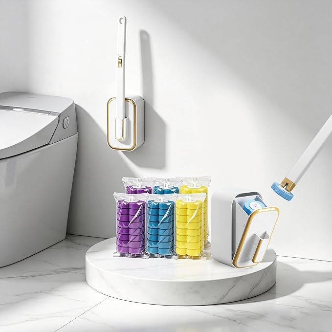 Disposable Toilet Brush Kit with 48 Refill Heads, Holder Storage Caddy Wall-Mounted Toilet Bowl Wand Scrubber for Bathroom Toilet Cleaner Toilet Bowl