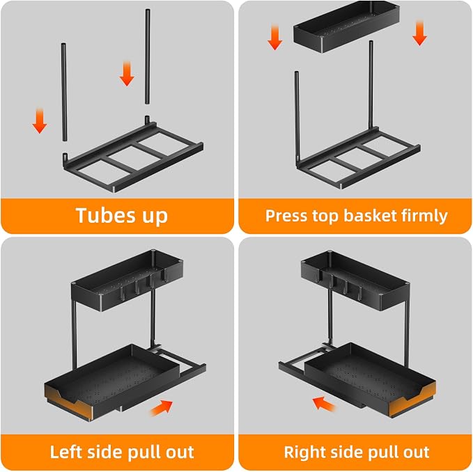 Simple Trending Under Sink Organizer 2 Pack, 2 Tier Cabinet Organizer with Sliding Basket, Multi-Purpose Sink Storage Basket with 4 Hooks for Kitchen Bathroom, Black