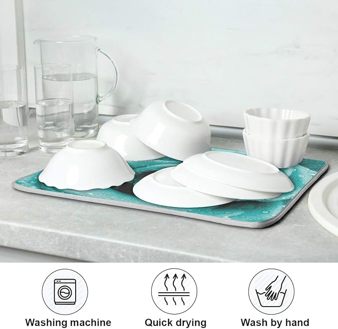 Super Absorbent Dish Drying Mat, Microfiber Fast-Drying Dish Mat, 24" x 18", Kitchen Dish Drying Pad Hipster Turquoise Rose Petals