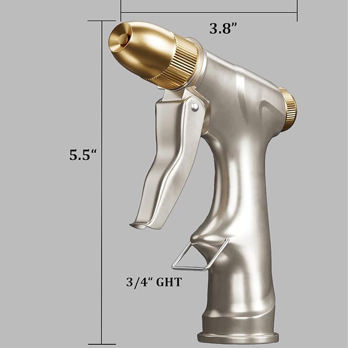 100% Metal Heavy Duty Garden Hose Nozzle with Brass Nozzle with 4 Patterns | Fits 3/4” Garden Hose Thread for Plants, Lawns, Cars, Patio, Car, Window