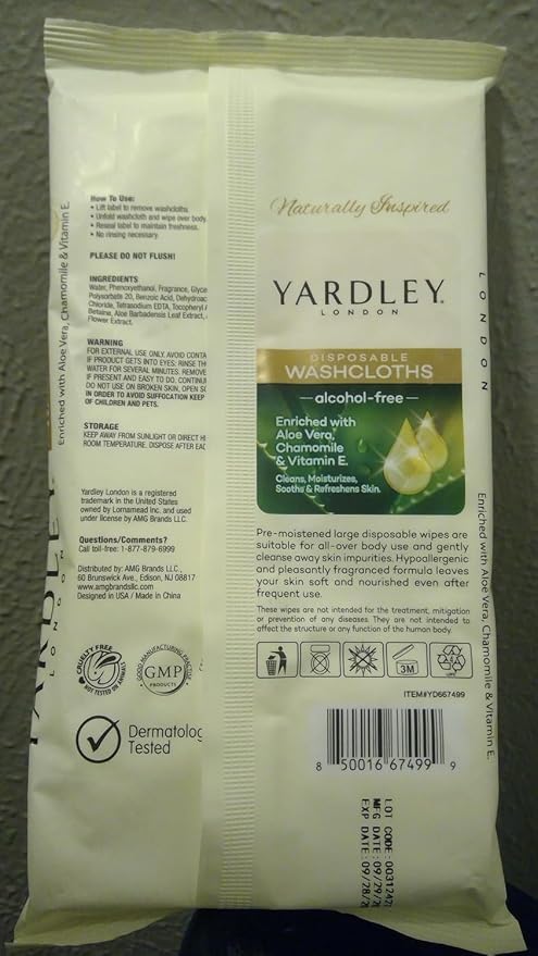 Yardley Disposable Washcloths 18 Pack Resealable